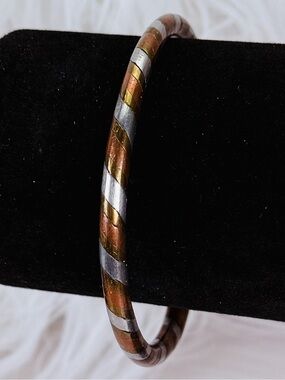 Tri Tone Spiral Inlay Open Cuff Bracelet Vintage Style Mixed Metal Jewelry